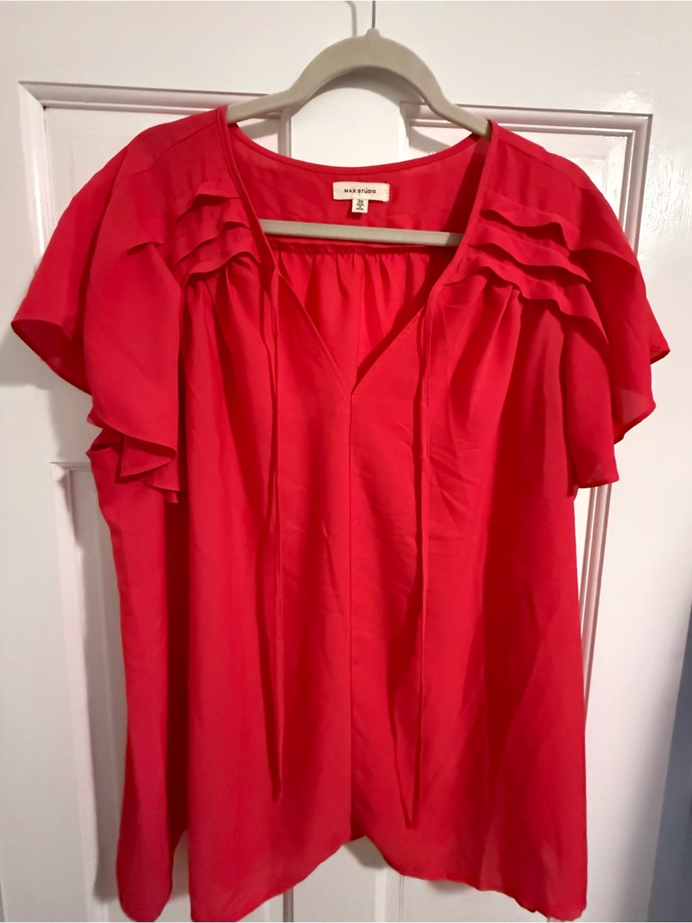 Max Studio Bright Pink Ruffle-Sleeve V-Neck Blouse